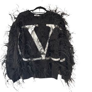 VALENTINO Black Ostrich Feather Logo Jersey Sweatshirt